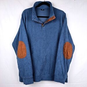 JMIERR Mens Blue Corduroy Pullover Sweatshirt Elbow Patches Mock Neck Large